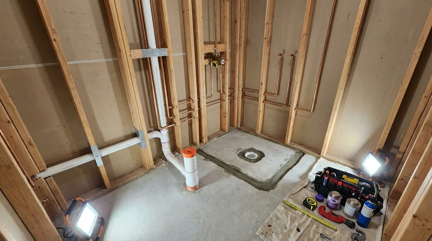 Bathroom rough-in plumbing during remodel by Johns Plumbing LLC in Vassalboro