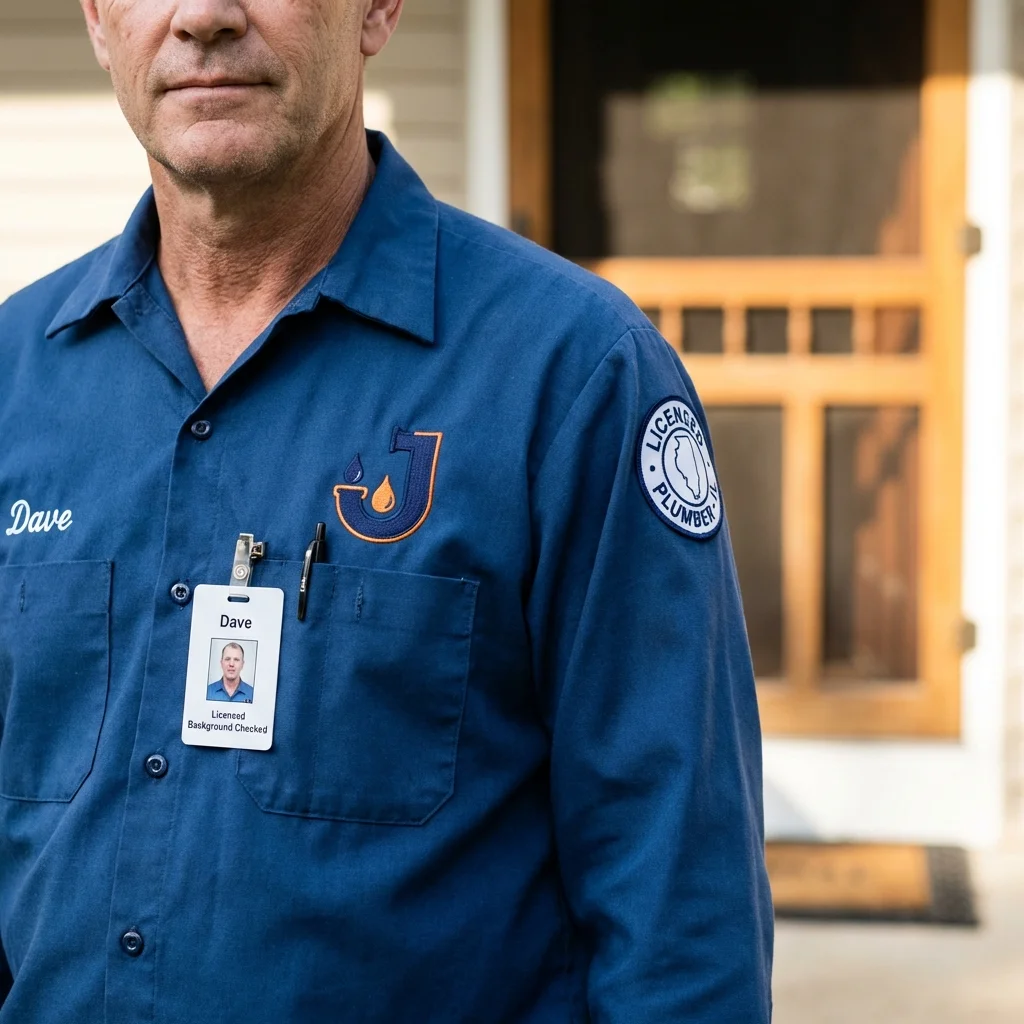 Licensed plumber showing ID badge in Vassalboro, ME