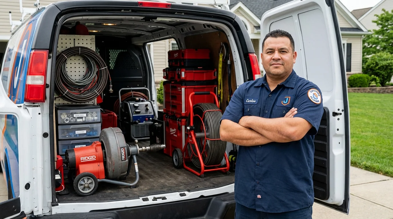 Professional drain cleaning equipment and Johns Plumbing LLC plumber in Vassalboro