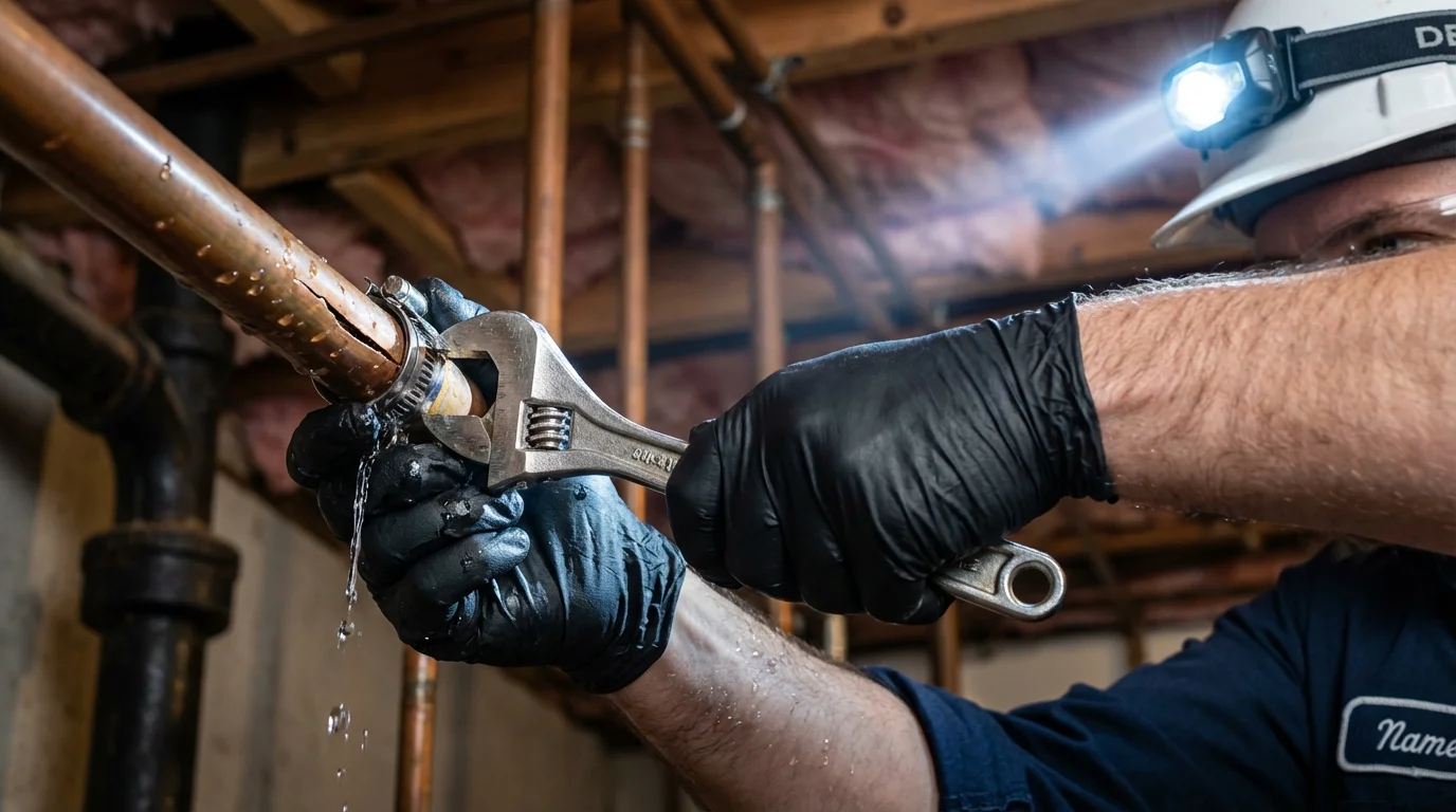 Emergency pipe clamp repair being performed by a Johns Plumbing LLC plumber in Vassalboro