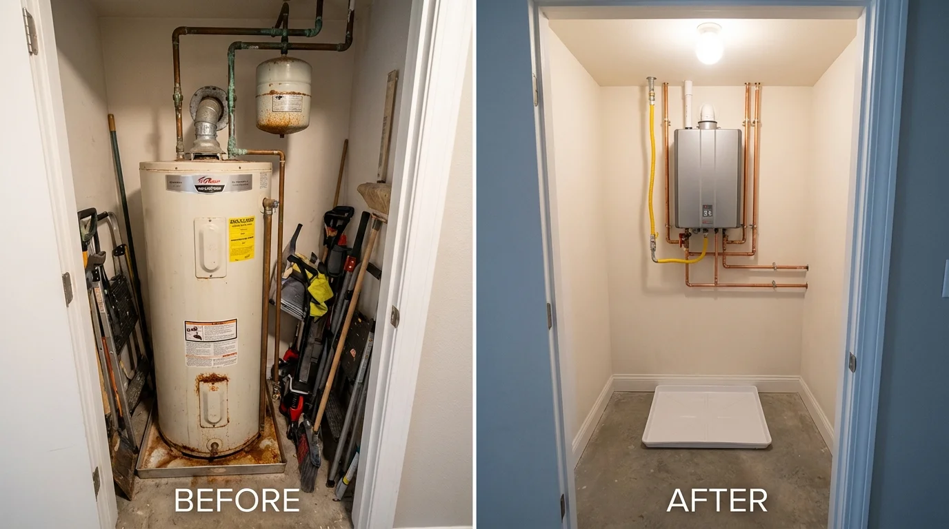 Tank water heater versus wall-mounted tankless unit comparison for Vassalboro, ME homeowners