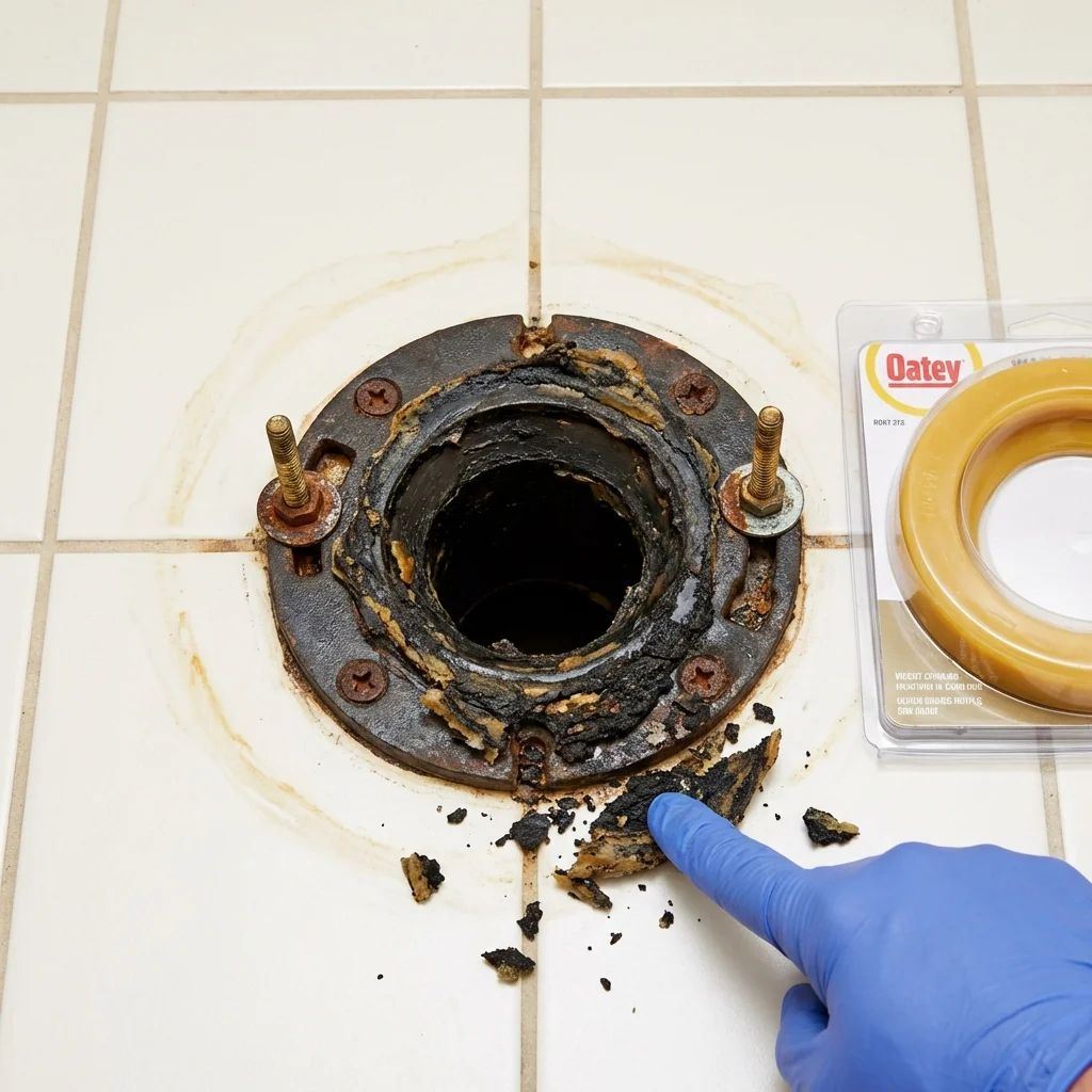 Failed wax ring showing water seepage at the base of a toilet in a Vassalboro, ME home