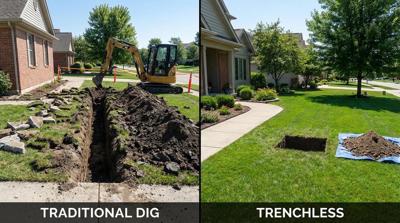 Trenchless sewer repair with minimal yard damage versus traditional excavation in Vassalboro, ME