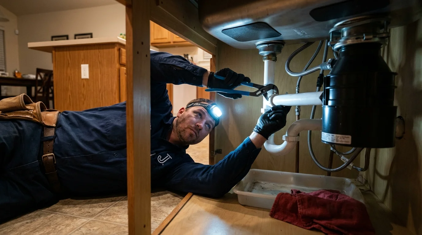 P-trap and supply line connections under a kitchen sink showing a common leak point in Vassalboro, ME